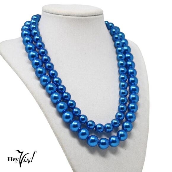 Vintage 1950s 2 Strand Bead Necklace w Metallic Blue Finish 18" Long - Hey Viv - Picture 4 of 5